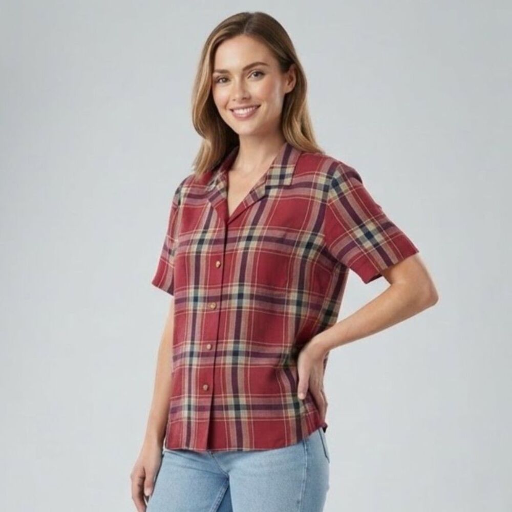 Alfred Dunner Shirt Women's 16 Red Plaid Linen Blend Tunic Top xl